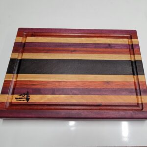 ***sold***  Exotic Hardwood Edge Grain Purple Heart, African Padauk, Wenge, Ash, and Maple with juice groove 11.5" x 15.5" x 1.75"