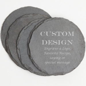 Customizable 4″ Round Black slate stone coasters. set of (4)