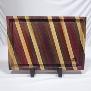 Exotic Hardwood Edge Grain Cutting Board Diagonal design, African Padauk, Cherry, Walnut, Purple heart, Birch And Ash With Juice Groove and side handle grooves